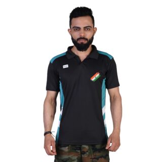 COMMANDO T-SHIRT HALF SLEEVE WITH INDIAN FLAG EMBROIDERY BLACK